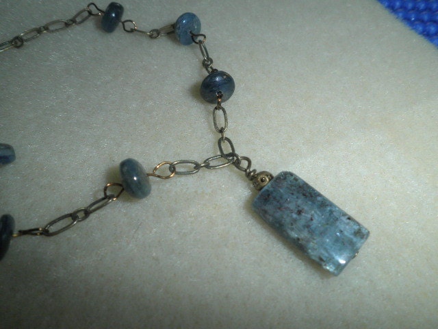 Kyanite Gemstone Pendant Necklace An Original Design Wire Wrapped Iolite Rondelles Antique Brass Chain