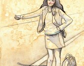 Hitchhiker - Original Art - Mixed-Media Illustration - 5 x 7