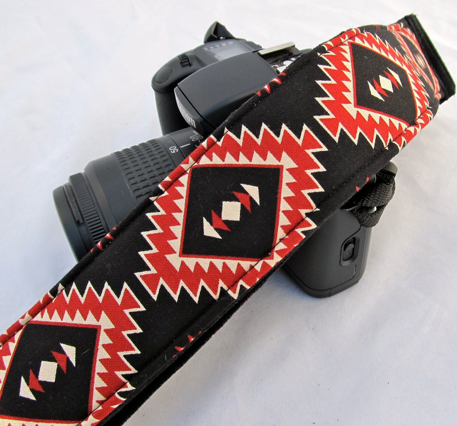 Unisex camera strap for Canon Nikon Olympus-- "Rising Sun" in red black geometrics