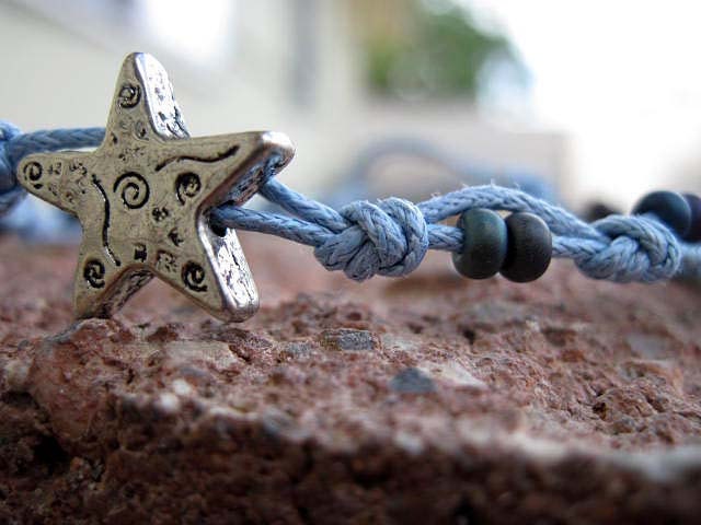 Metal Star Recycled Color Beaded Blue Macrame Bracelet