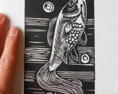 Handpulled black and white Goldfish original wall art linocut print