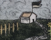 Wall art Little house Original hand pulled collograph print w/ watercolor Simple Wants