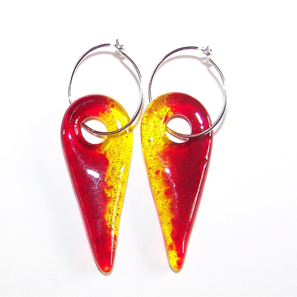 Fused Glass, Red and Yellow Duet Spike Earrings on Sterling Silver Hoops, jewelry by colorolight on Etsy - colorolight