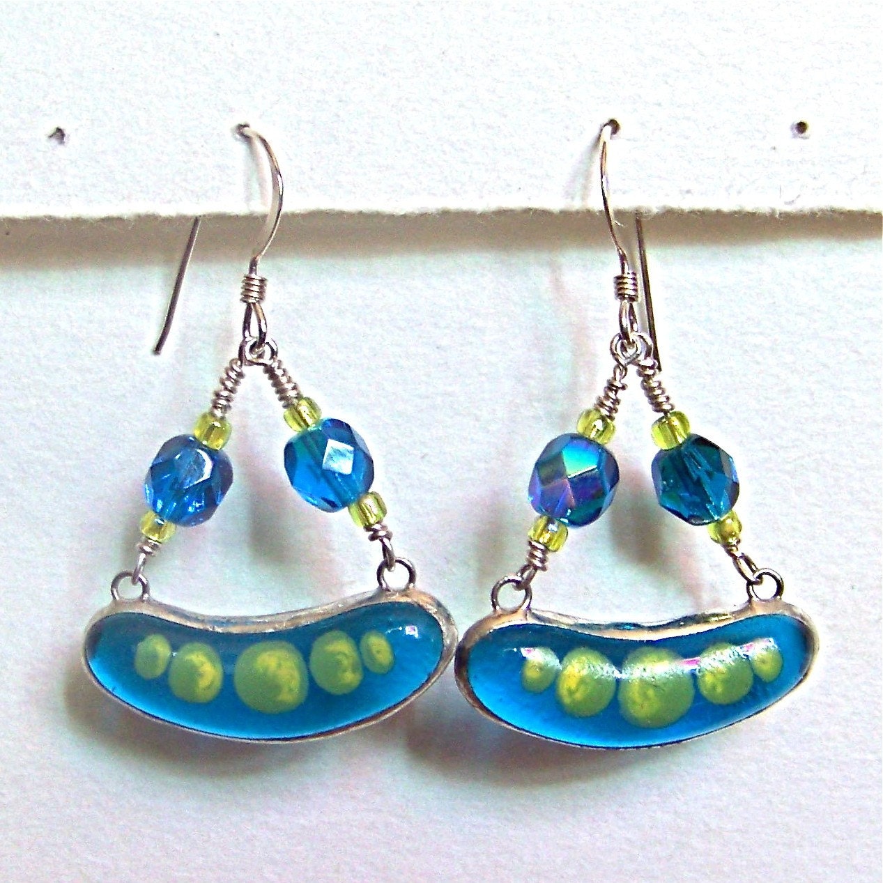 Fused Glass, Painted, Turquoise and Green Pod Earrings with Glass Beads on Sterling Silver Wire, jewelry by colorolight on Etsy