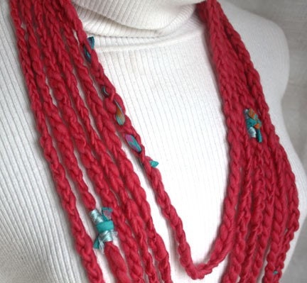 Coral Punch Multi Strand Statement Necklace with Turquoise Leather