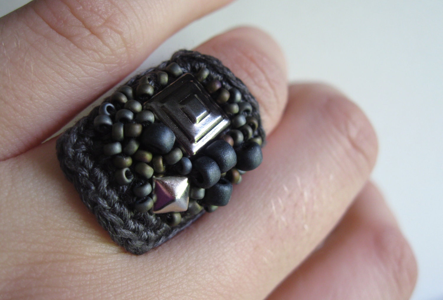 Beaded Studded Textile Ring--Gunmetal