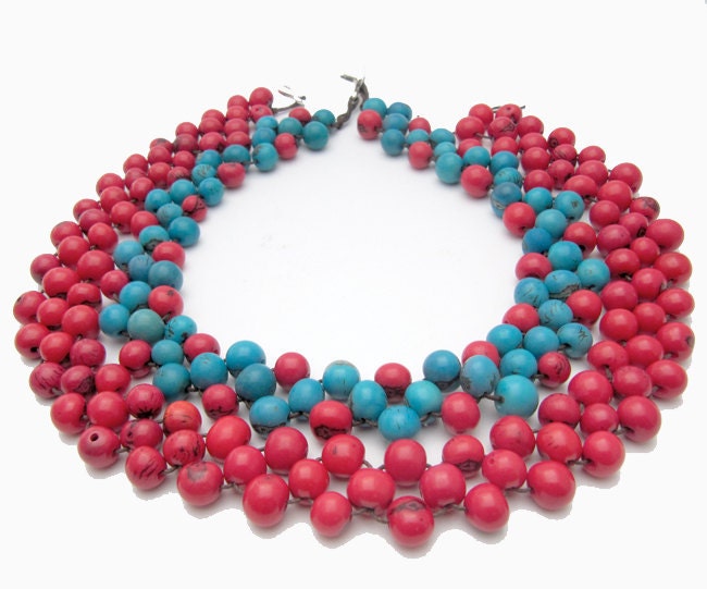 Statement Necklace, Made In Mexico, turquoise and red, chunky bead jewelry