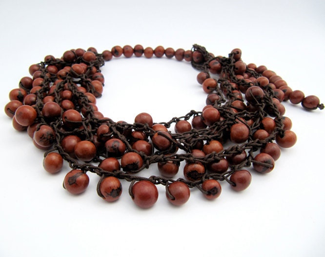 SALE organic chocolate brown multistranded bead necklace crochet adjustable