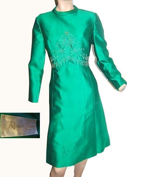 1960s Robert Leonard Vintage Princess Mod Silk Green Dress Silver Seed Bead Embellishment tassels.  A Line  Bust 38