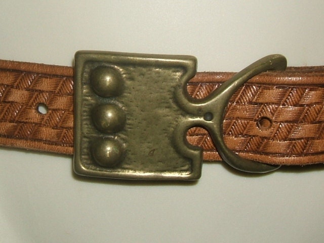 1970s Brass Buckle with Tooled Leather Basket Weave Belt.  By Foster. Boho Hippie Renaissance Waist 26 through 33.