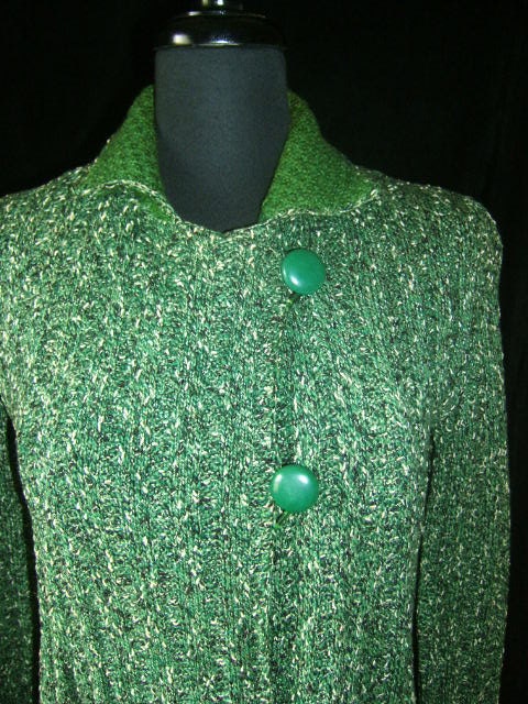1930s Boucle style Sweater Coat with Assymetrical Design. Long Black White and Green Blend. Celluloid Buttons. SM - FlanneryCrane