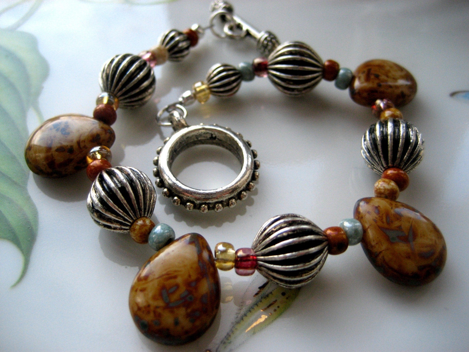 Earthy Czech Glass Pear Drops, Blue Amber Glass Seed Beads and Ribbed Metal Beads Bracelet - Golden Earth - One of a Kind