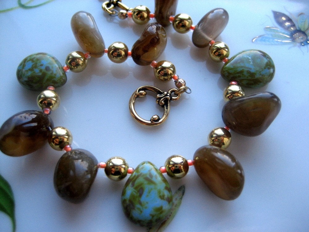 Coffee Onyx Drops, Turquoise Picasso Czech Glass Pears, Gold Filled, Seed Beads Bracelet - Earthly Browns - One of a Kind