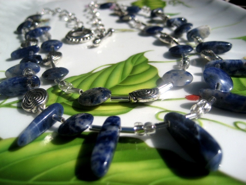Denim Sodalite  Daggers Silver Tone Chain Seed Beads Double Strand Necklace