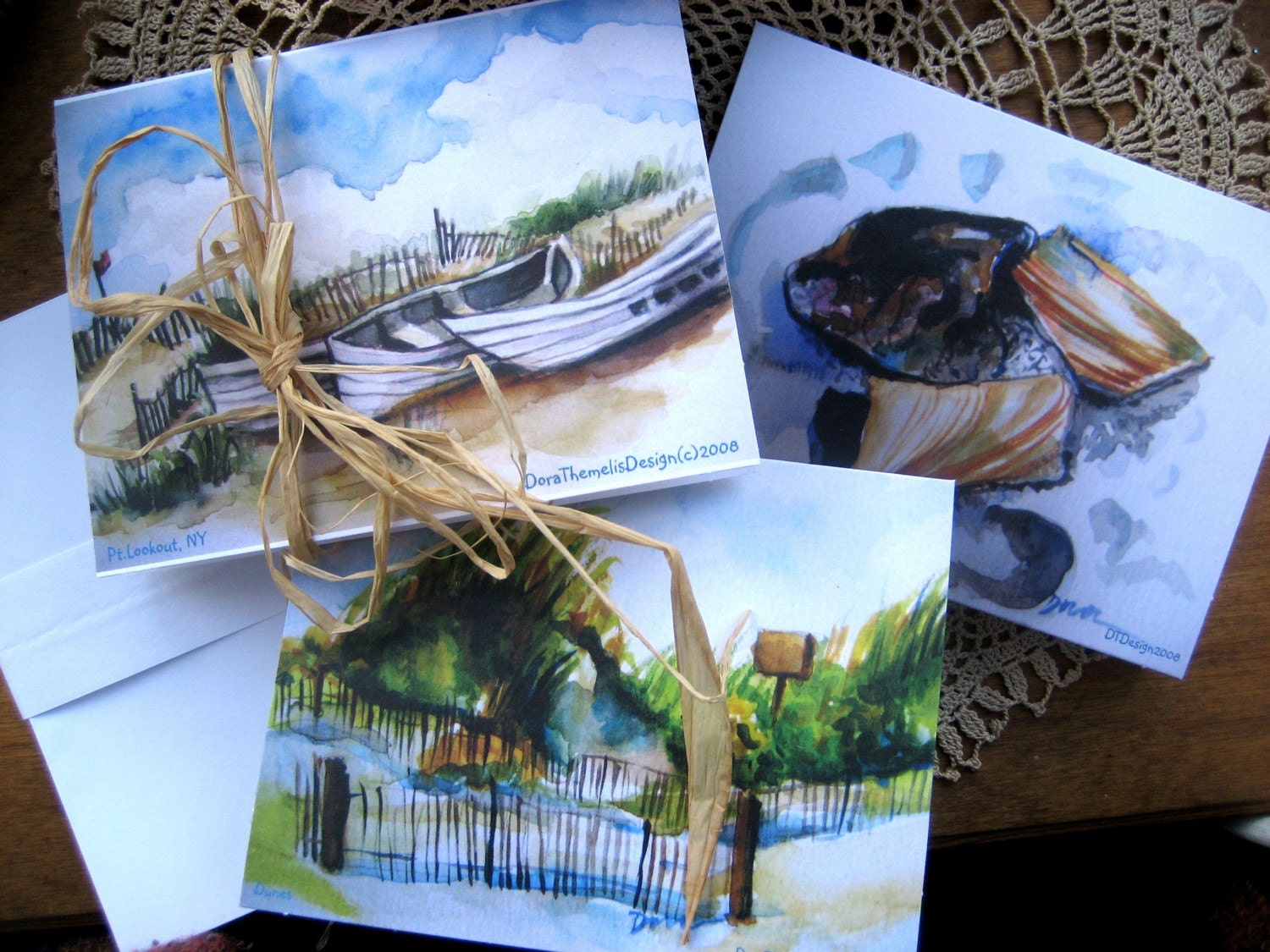 Set of 3 4x5 Blank Note Cards with Envelopes - Repros of Original Watercolor Paintings - October Beach Watercolor Series