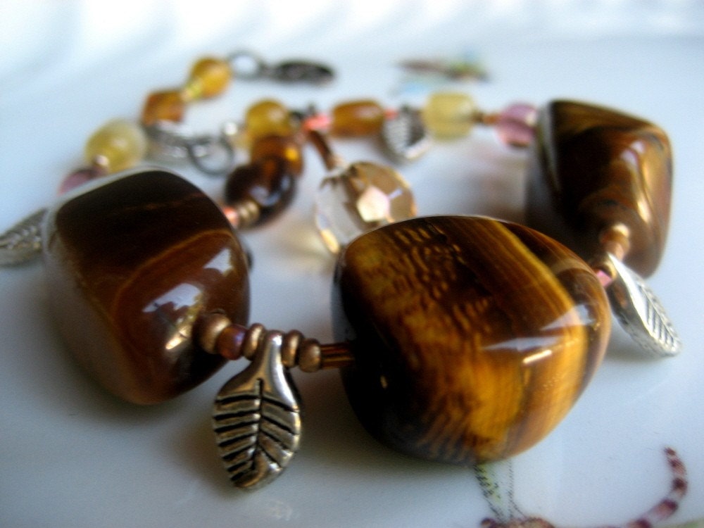 Amber Czech Glass Beads, Tiger's Eye Beads, Seed Beads, Gunmetal Wire Charms Bracelet-Caramel Falling Leaves - One of a Kind