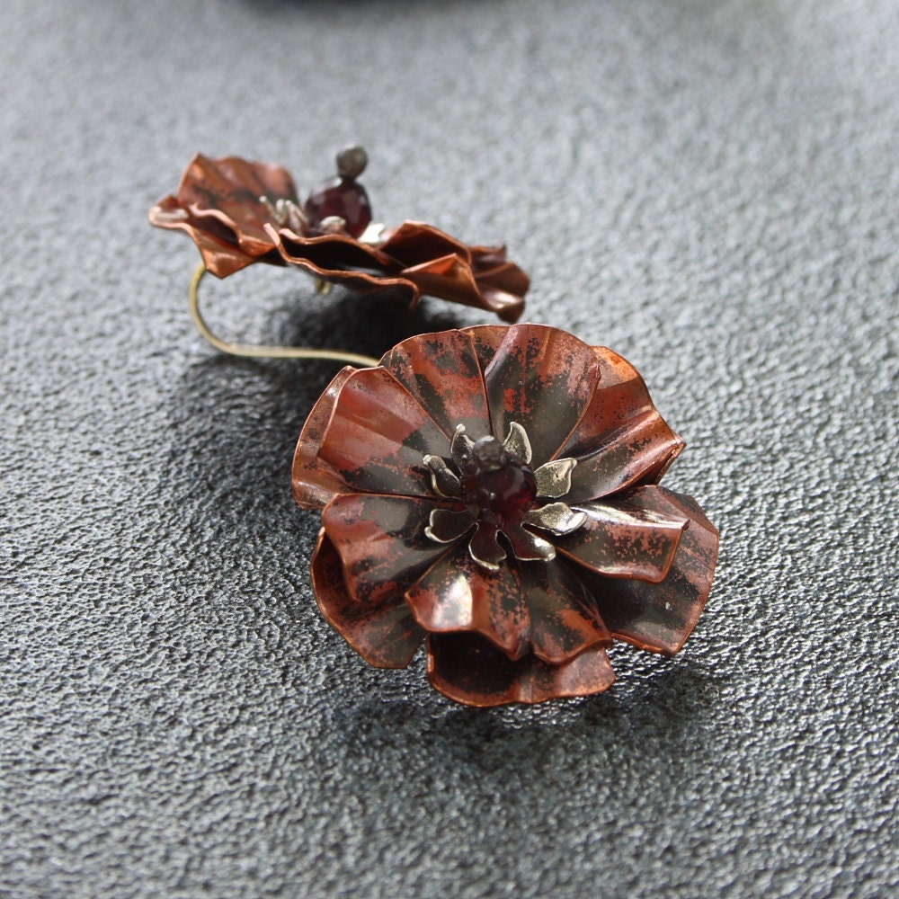 Copper flower Earrings with Sterling and Garnets