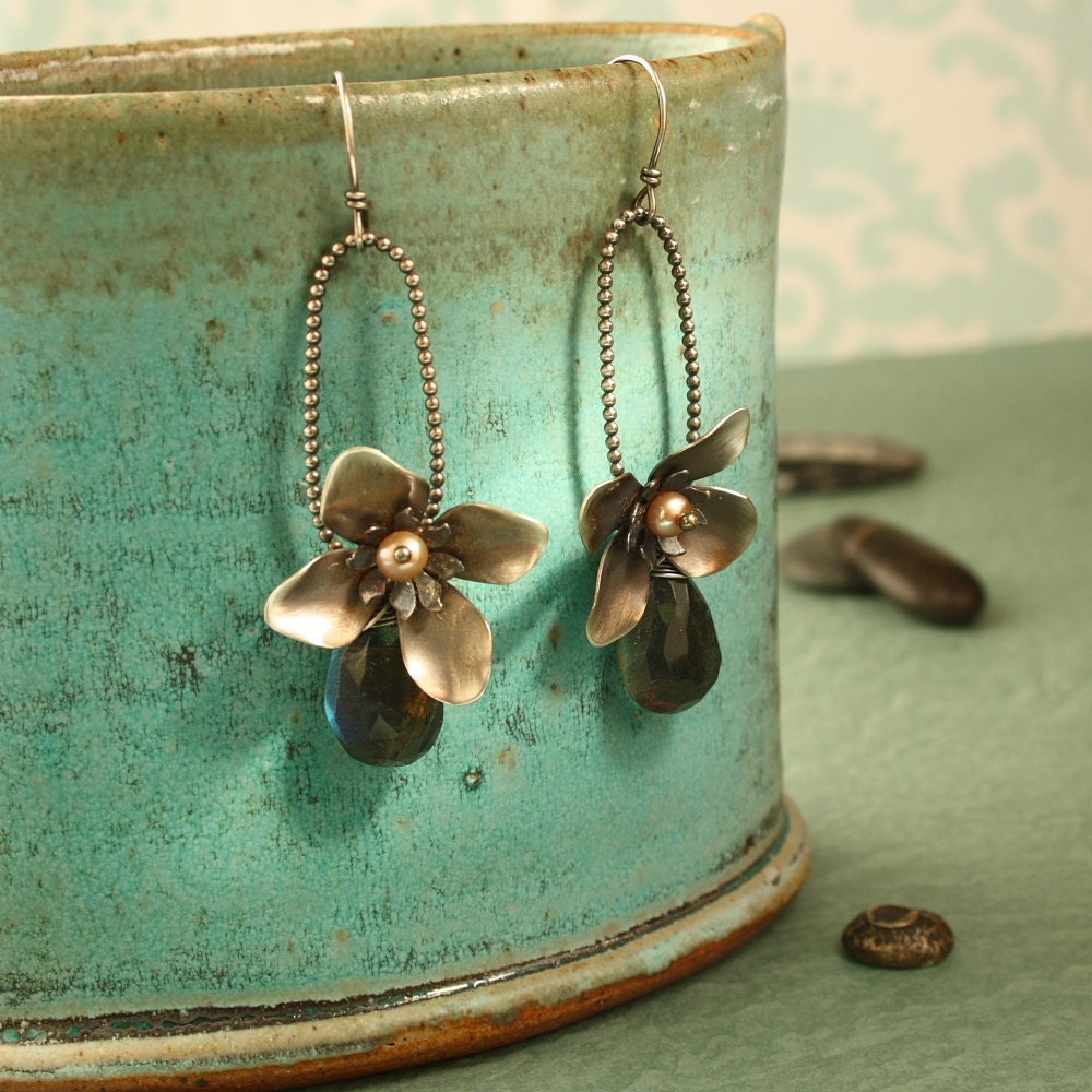 Sterling Flower Earrings with labradorite and Beaded Hoops