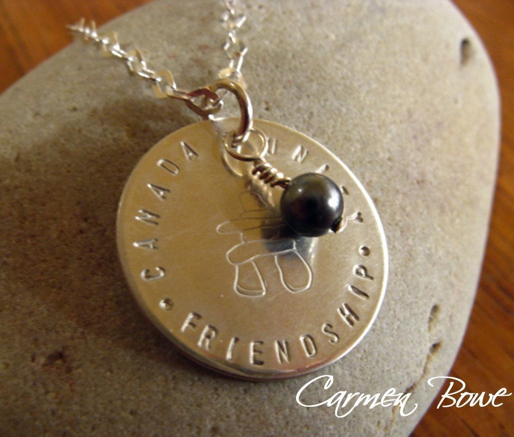 Hand Stamped Inukshuk Crystal Pearl Drop Charm Necklace by Carmen Bowe