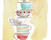 Watercolour Pile of Teacups 8x10 Print