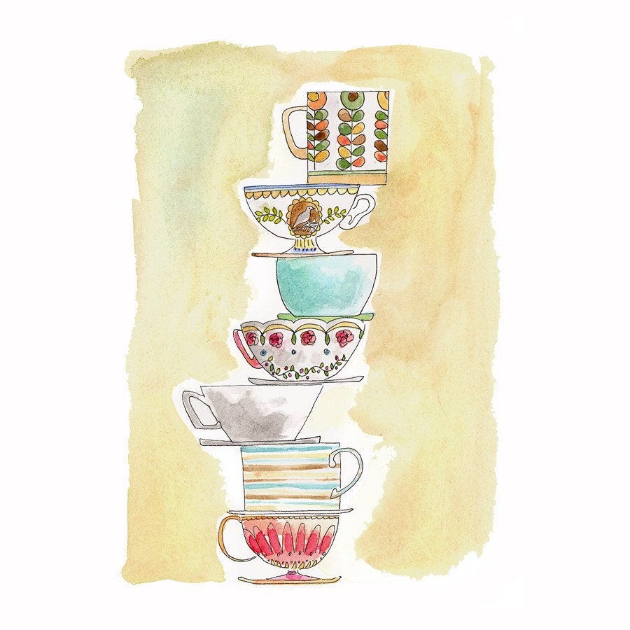 Watercolour Pile of Teacups 8x10 Print