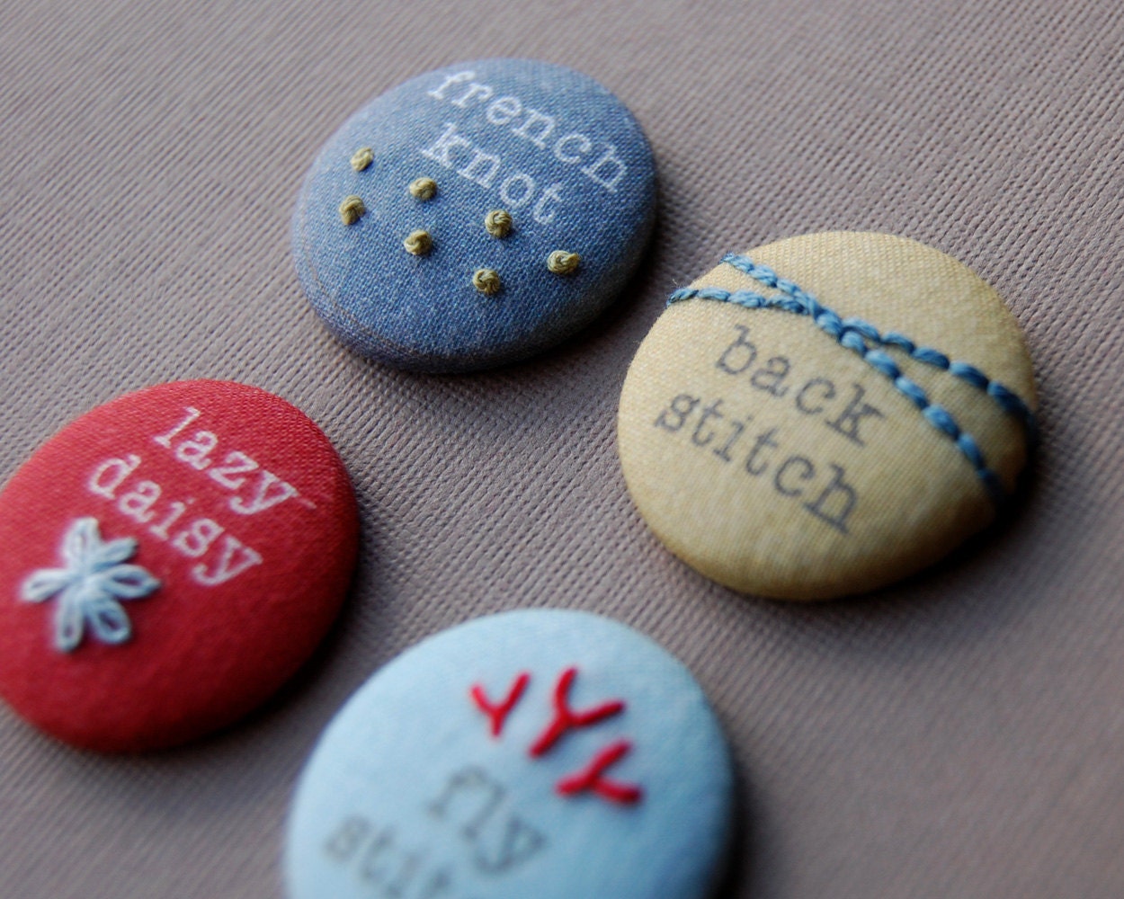 Magnets or Pinback Buttons, Hand Embroidered Modern Sampler Magnets in SUMMER BERRY Colors
