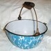 Antique Graniteware Berry Bucket - Pail / Bowl - Enamelware Spatterware/ Blue Swirl Spongeware / Wire Bail Handle/Spout - RUSTIC FARMHOUSE