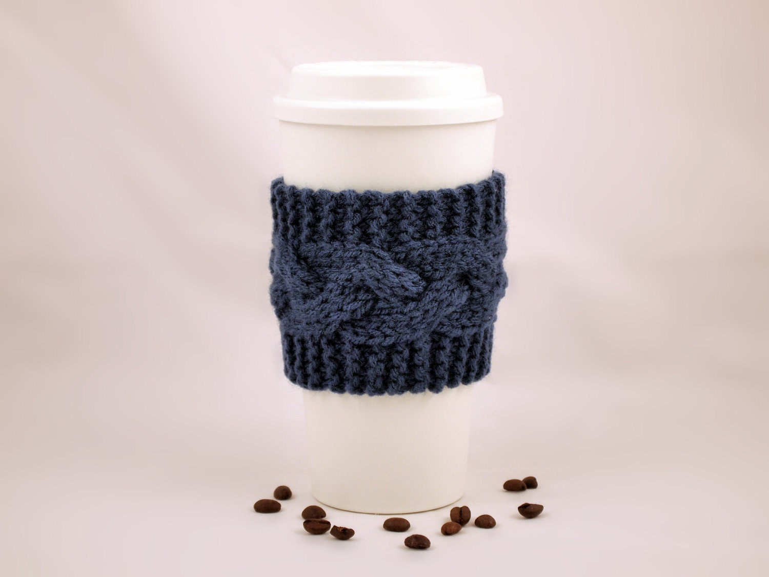 Windsor Blue Hand Knit Coffee To Go Sleeve Cozy Cable Stitch