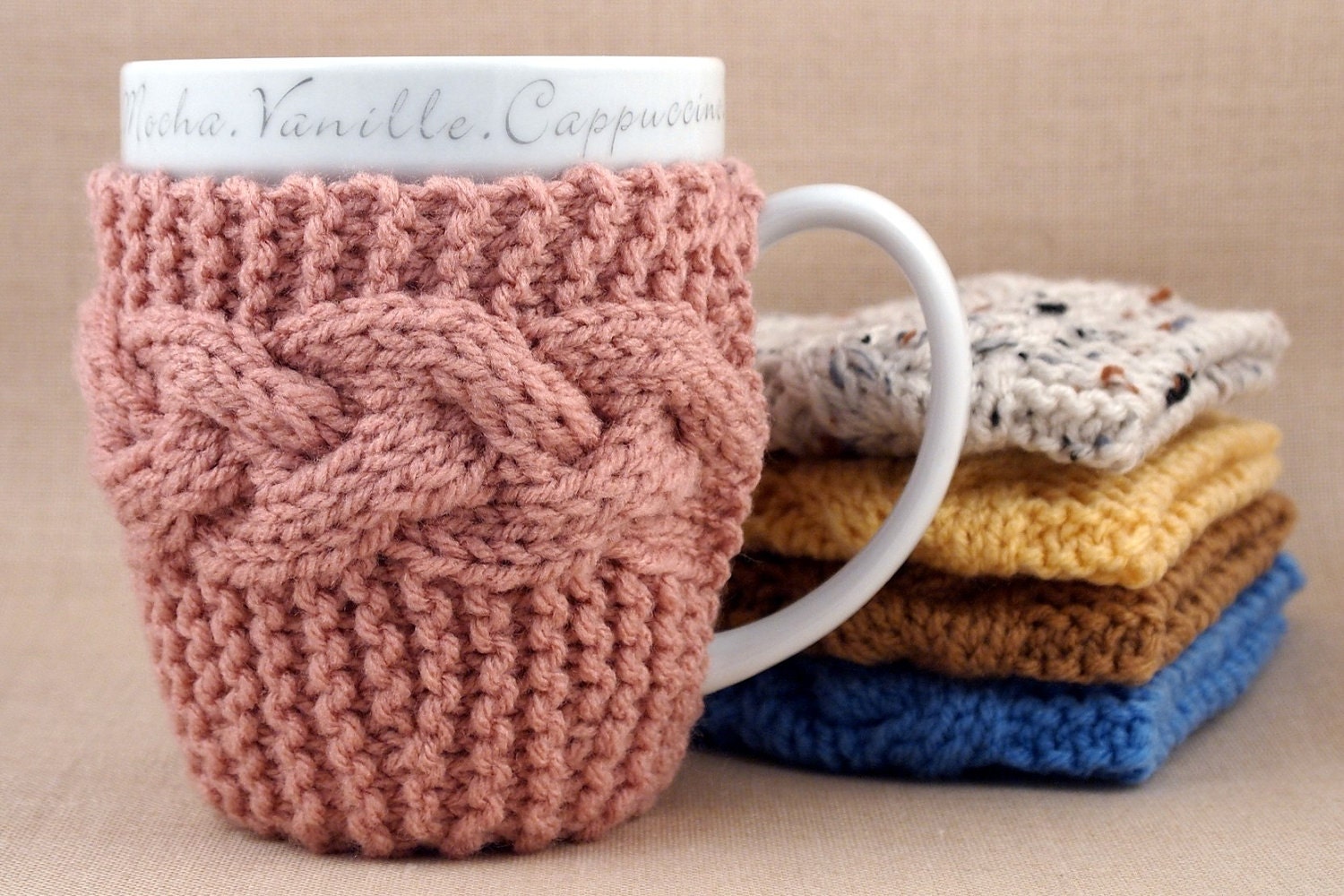 Rose Pink Hand Knit Coffee Mug Cozy Coaster