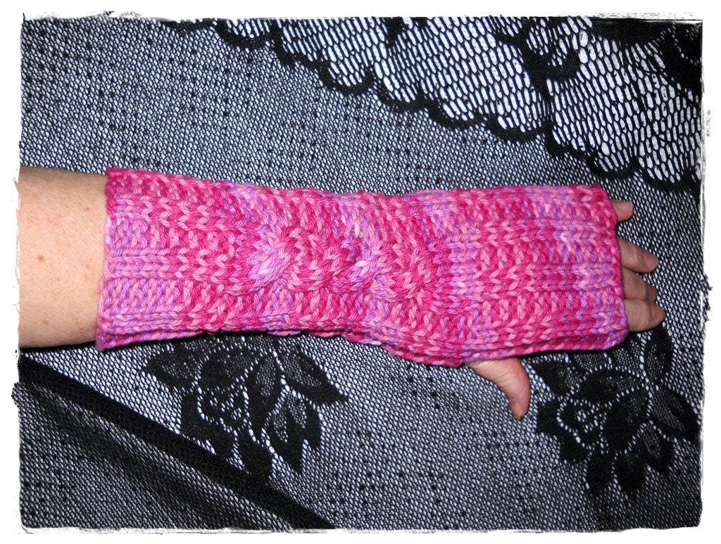 Fingerless Gloves Handknit Cables, Cotton, Shades of raspberry pink, Seamless, Gloves no fingertips