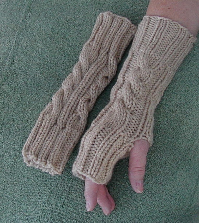 Fingerless Gloves, Tan Beige Wristwarmers, Texting and Cell Phone Gloves, Handknit Cable Pattern 1 Sz