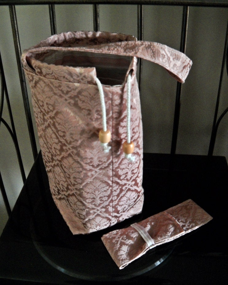 Handmade knitting bag or crochet tote bag, mauve damask with cotton lining and pockets, dpn case, inside zip pocket