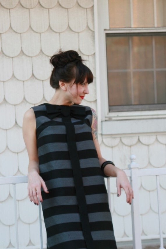 1960s black and gray STRIPED cocktail dress with bow M L
