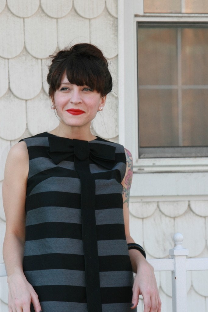 1960s black and gray STRIPED cocktail dress with bow M L