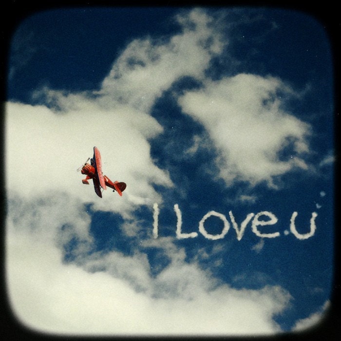 Original fine art ttv photograph on canvas vintage colors FLY I love U romantic mixed media blue gold tones cloudy letters   Wall Decor