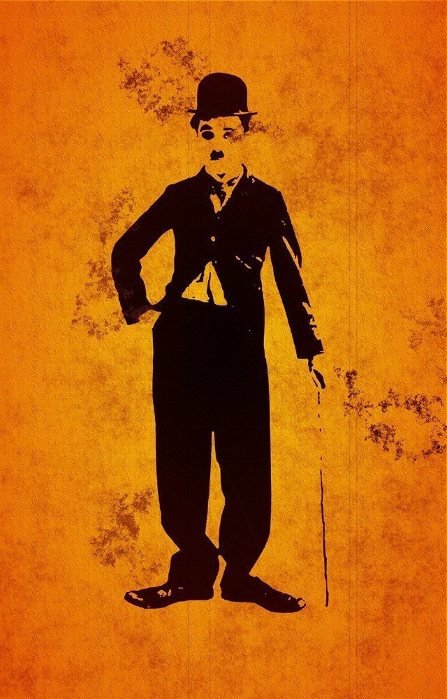 Mixed media artwork  of Charlie Chaplin cotton canvas    large art wall black light orange tones gold leafing  Handmade Wall Decor