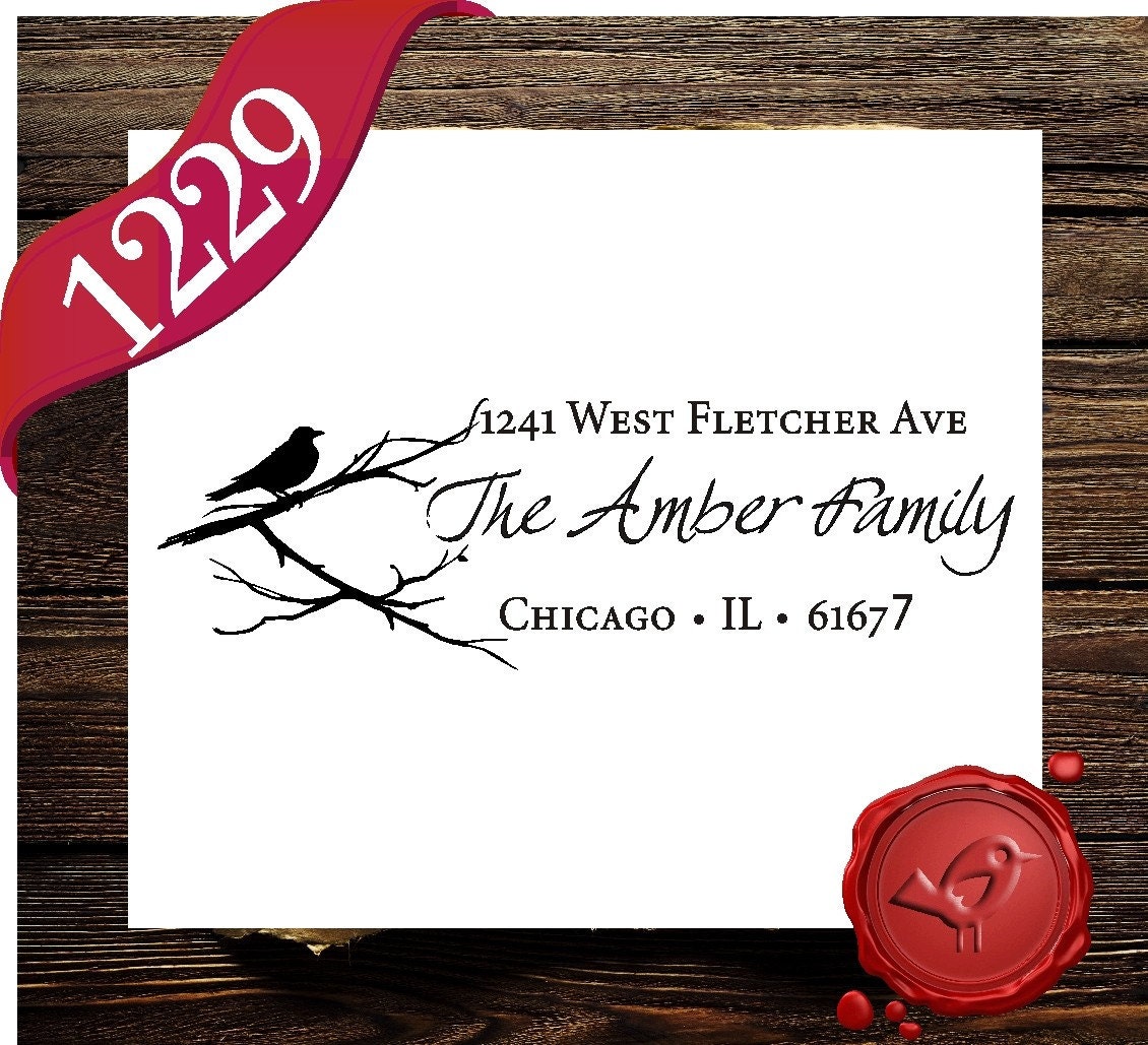 Swirl Branch Bird Calligraphy Script Custom Rubber Stamp - Personalized Address Stamp - Old fashioned Wood Handle Stamper - Style 1229