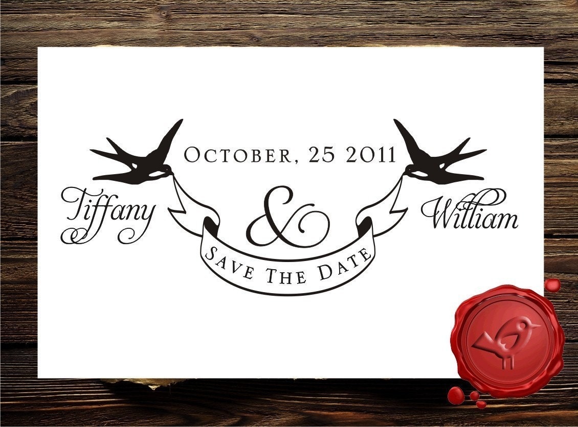 Ribbon Banner Custom rubber stamp SAVE the DATE  2 swallows personalized stamp - wedding  gift - HS1287