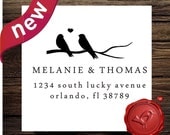 Custom return address stamp - wood handle - save the date  rubber stamp - bird on swirl branch  - style hs1296