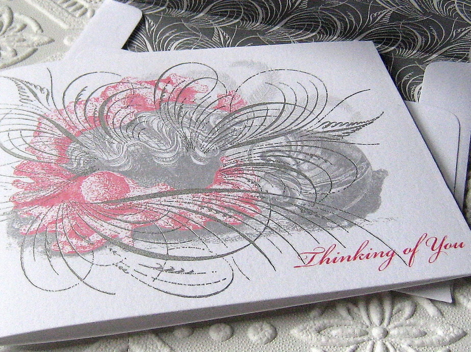 Letterpress Thinking of You Card Folded Blank Shell Grey Coral