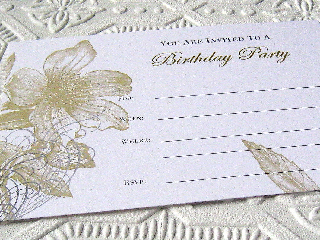 Birthday Party Fill In Blank Invitation Flower Grey Gray Gold Set 8