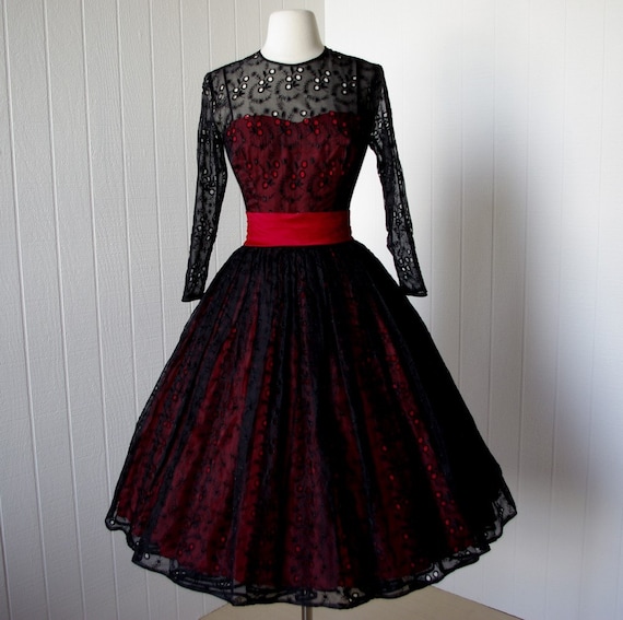 vintage 1950s dress ...original jr theme new york black eyelet organza ...