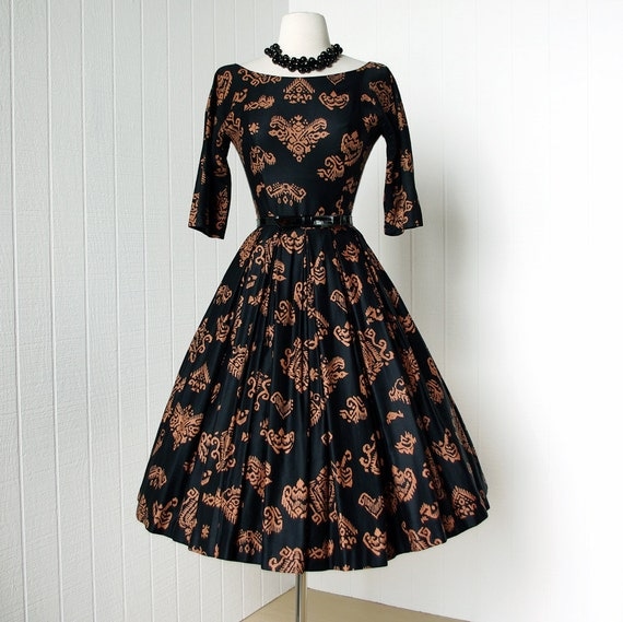 vintage 1950's dress ...fabulous JONATHAN LOGAN black and copper polished cotton mayan print full skirt pin-up cocktail party dress