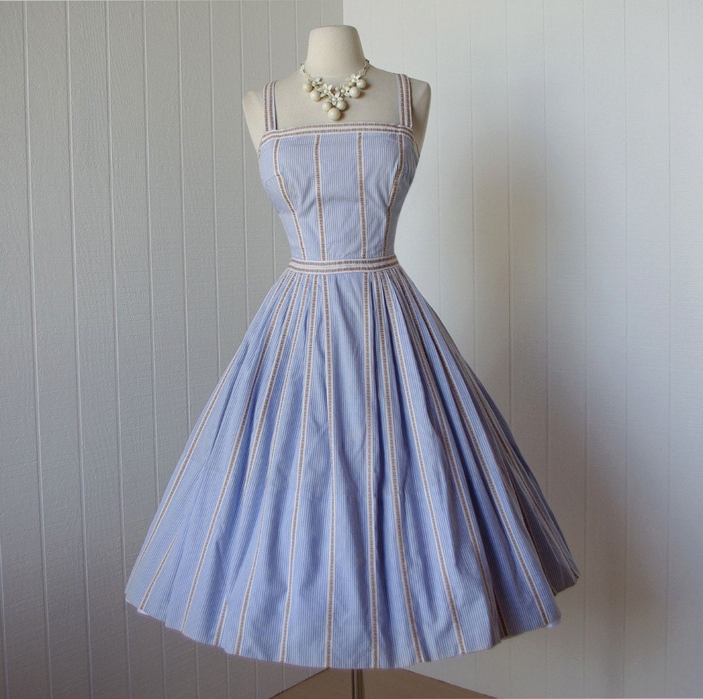 vintage 1950s dress  ...designer DOROTHY STEAD striped pin-up cotton sundress with embroidered ribbon and bow