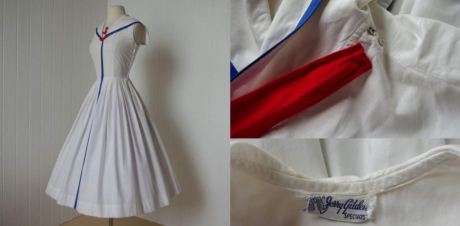 vintage 1950's dress ...JERRY GILDEN spectator white cotton quintessential sailorette sailor victory full skirt pin-up sundress