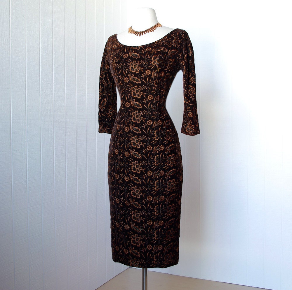 vintage 1950's dress ...vavavoom ALIX OF MIAMI metallic embroidered chocolate velvet bombshell wiggle cocktail dress