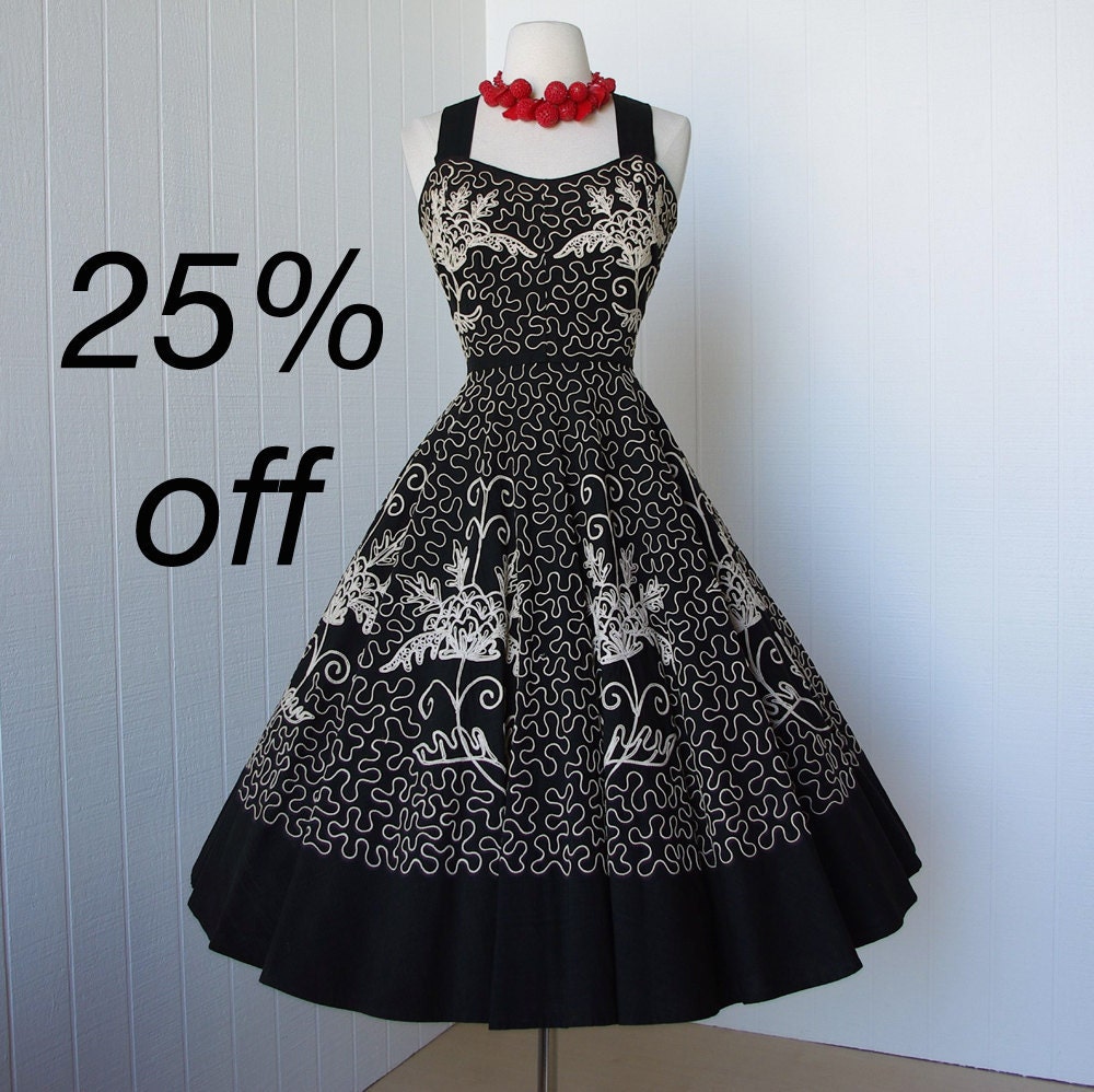 vintage 1950's dress ...amazing black cotton MEXICAN CIRCLE SKIRT full soutache pin-up dress