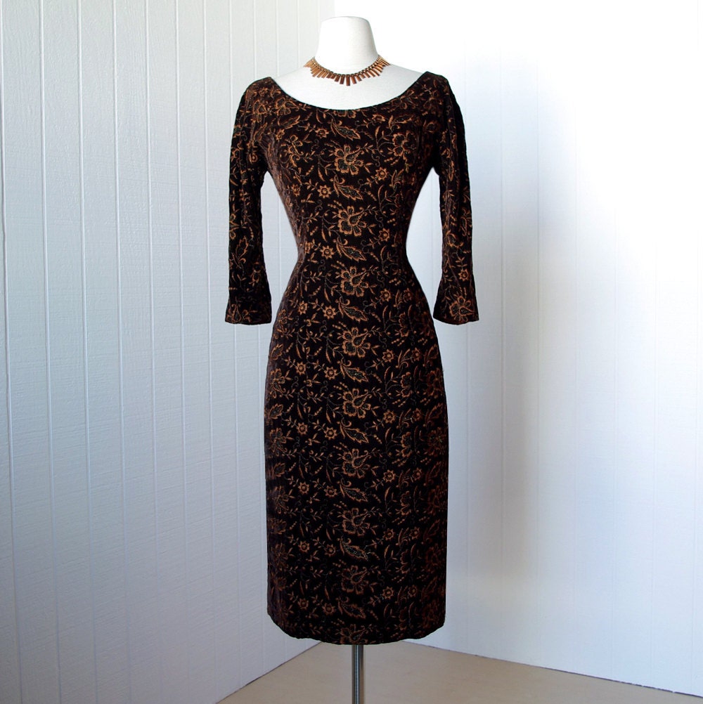 vintage 1950's dress ...vavavoom ALIX OF MIAMI metallic embroidered chocolate velvet bombshell wiggle cocktail dress