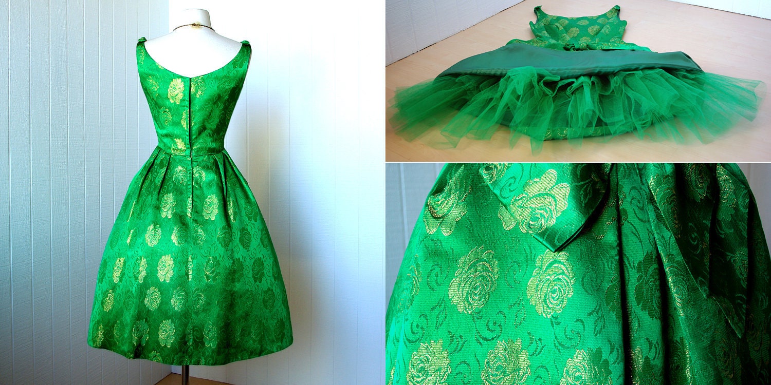 vintage 1950's dress ...gorgeous KELLY GREEN DAMASK with metallic gold floral sculptural tulip skirt pin-up dress with tulle crinoline