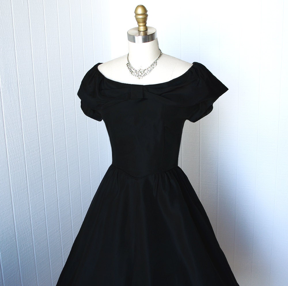 vintage 1950's dress ...pretty BETTY BARCLAY black ruffled bustle back full skirt shoulder skimming shawl collar pin-up cocktail party dress